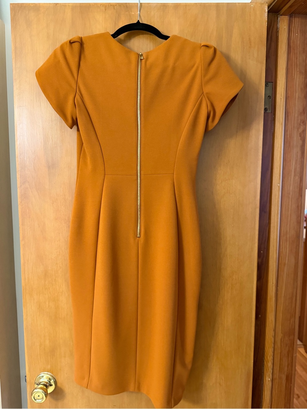 Calvin Klein Puff-Sleeve Sheath Midi Dress in Mustard - Picture 2 of 9